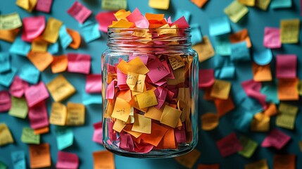 A vibrant jar filled with colorful sticky notes, perfect for Thanksgiving gratitude messages or Halloween party planning, with copy space for customization.