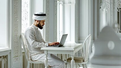 Poster - Man Working on a Laptop in a Bright Elegant White Room Generative AI