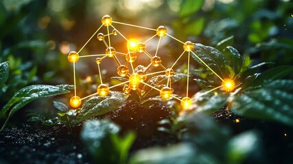 Poster - Exploring the connection between nature and technology with glowing molecular structure over plants
