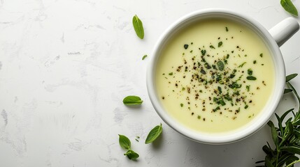 A white bowl of soup with green herbs on top. The bowl is filled with a creamy white soup and has a few green herbs on top