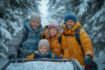 Wall Mural - Family Pushing Car While Snow, Snowing Weather And Car Is Stuck