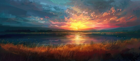 Wall Mural - Sunset Lake Field Evening Sky