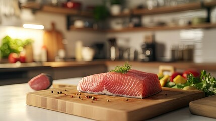 A fresh tuna fillet on a cutting board with a clean kitchen background. The ample space around the fillet allows for easy addition of text.