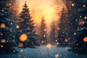 Canvas Print - Abstract Background With Trees, Lights And Falling Snow /Christmas And New Year Concept with generative ai