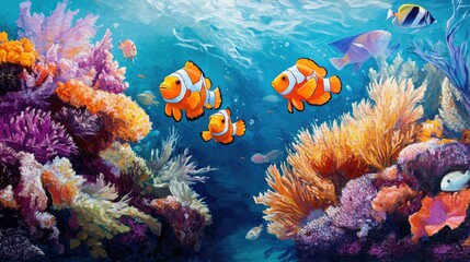 Wall Mural - A group of sea fish swimming together near a colorful coral garden, creating a dynamic and engaging underwater scene