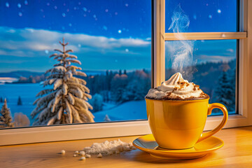 Wall Mural - cup of coffee and christmas cookies on the snow