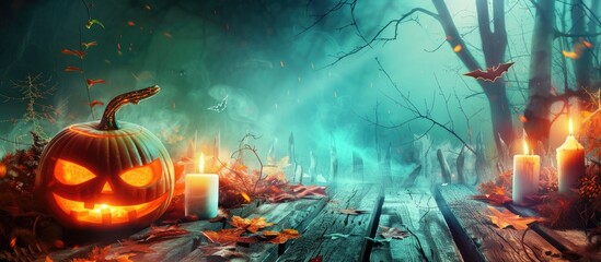 Sticker - Halloween Pumpkins Head Jack O Lantern And Candles On Wooden Table Background In A Mystic Forest At Night Halloween Design With Copyspace