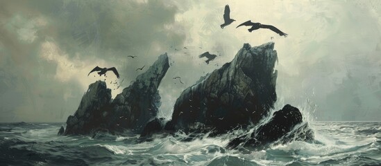 Wall Mural - Shags Taking Of From A Rock In The Sea