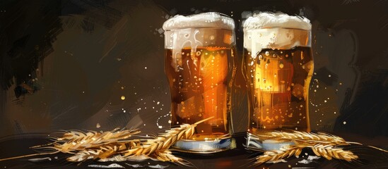 Poster - Two Gold Pints Of Beer With Foam Hops And Wheat