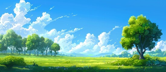 Wall Mural - Beautiful Image Of Green Scenery With Trees And Clouds On Blue Sky Natural Green Scenery So Sweet