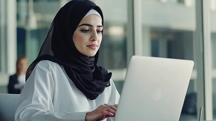 Poster - Focused Young Arabic Woman in Hijab Working on Laptop in Modern Office Generative AI