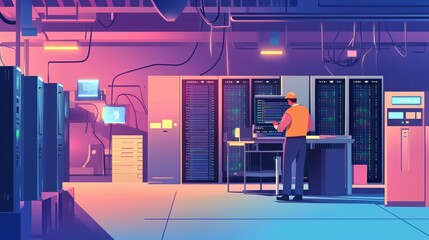 Poster - server maintenance concept with people scene for web. man making computer repair, upkeep servers, ad