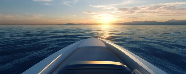 A serene view of the ocean from the bow of a boat, capturing a stunning sunset reflecting on calm waters.