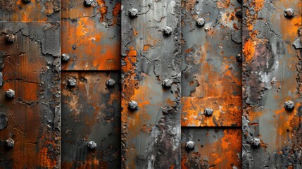 A detailed texture of an aged, rusted steel surface with intricate patterns and weathering marks. The colors include shades of gray, brown, silver, and hints of orange, creating a rustic yet elegant e