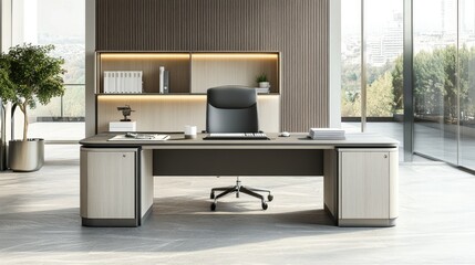 Poster - A professional office desk with a monitor, keyboard, and notepad. The clear, spacious desk and surrounding area are ideal for placing copy.