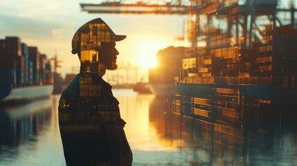 Wall Mural - Logistics manager inspecting stock in container terminal (close up, focus on, copy space) Sunlight reflecting on water and containers. Double exposure silhouette with shipping vessels