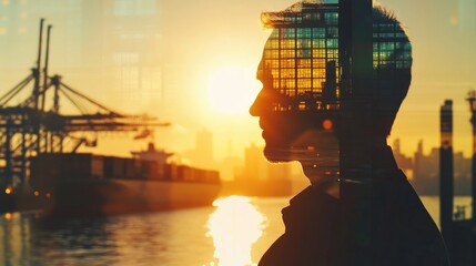 Wall Mural - Logistics manager inspecting stock in container terminal (close up, focus on, copy space) Sunlight reflecting on water and containers. Double exposure silhouette with shipping vessels