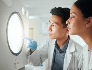 Poster - Scientist, test and incubator in lab for research, collaboration and development with innovation results. Science, people and pointing for microbiome study, pharmaceutical or biotechnology experiment