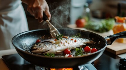 Wall Mural - A sea bass being cooked in a frying pan with a clear, uncluttered kitchen backdrop. The open space around the pan offers room for text.