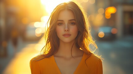 Poster - Young woman with long brown hair looks directly at the camera with a golden glow behind her.