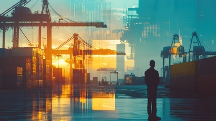 Wall Mural - Port operator handling stock containers on the dock (close up, focus on, copy space) Vibrant day with cranes and container stacks. Double exposure silhouette with port landscape 