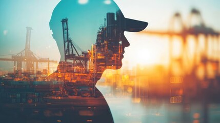 Wall Mural - Port operator handling stock containers on the dock (close up, focus on, copy space) Vibrant day with cranes and container stacks. Double exposure silhouette with port landscape 