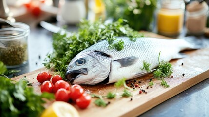 Wall Mural - A sea bass being prepared on a cutting board with fresh herbs and spices, with a clean kitchen background. The ample space around the fish is perfect for text.