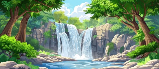 Poster - Hidden Waterfall At Forest Background Conceal Waterfall And Stream At Jungle With Trees Background