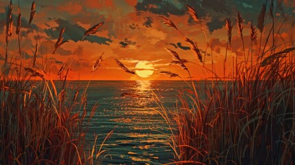 Poster - Between Reeds At Sunset Near The Beach