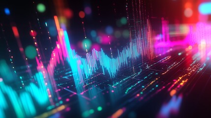 Poster - Colorful digital wave patterns representing sound frequency analysis in a modern abstract style at night