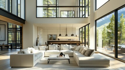 A spacious living room with high ceilings, large windows, and contemporary furniture. The open floor plan connects the living area to the kitchen, enhancing the sense of space.