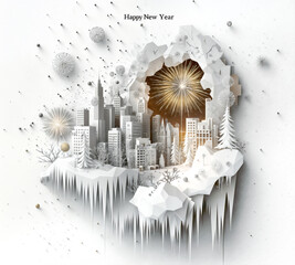 Winter composition with christmas fireworks scene in paper cut style. Christmas and Happy New Year greeting card design.