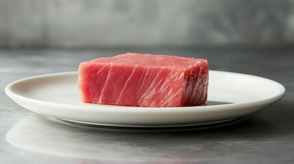 Wall Mural - A tuna steak being served on a plate with a clear, uncluttered background. The ample space around the plate is perfect for text addition.