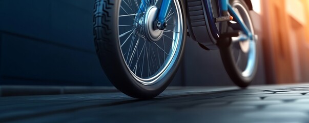 Close-up view of a bicycle wheel on a modern pathway, showcasing sleek design and urban style in vibrant light.