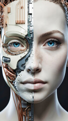 Poster - close-up of a stylized humanoid face, half human, half robot. artificial intelligence concept.