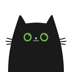 Wall Mural - Cat face. Kitten with green eyes. Black silhouette icon. Cute cartoon pet baby character. Funny kawaii animal. Sticker print. Greeting card. Childish style. Flat design. White background. Vector