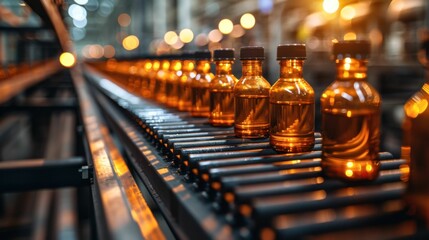 A conveyor belt with bottles of liquid on it