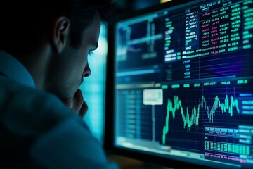 Poster - A trader analyzes financial data on multiple screens during evening hours in a modern workspace focused on stock market trends