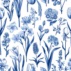 Wall Mural - blue ink line art drawings of various flowers and plants, suitable for wallpaper, fabric print, textile decoration, packaging paper background, stationery covers, cards, wrapping papers