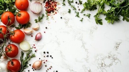 Fresh ingredients like tomatoes, onions, and herbs scattered on a white countertop, leaving space for copy. The bright colors pop against the neutral background.