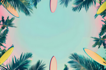 Empty background with space for text with palm trees and attributes of 80s style around the edges