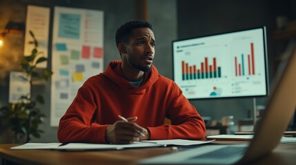 Poster - A young man analyzing business data and graphs in a modern workspace during the daytime