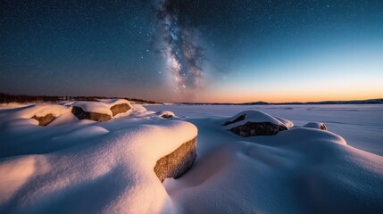 Wall Mural - snow-covered rocks in a snowy landscape during twilight with the milky way galaxy visible in the nig