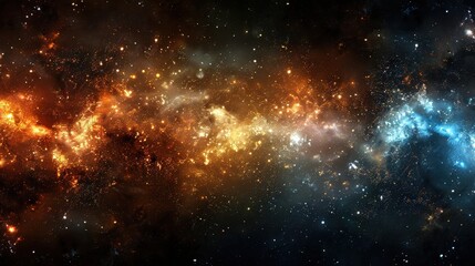 Wall Mural - vast galaxy filled with bright orange and blue star clusters, glowing dust, and sparkling particles.