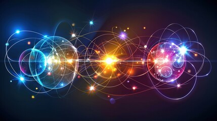 Poster - bstract depiction of atomic orbits with radiant light spheres against dark background. interconnecte