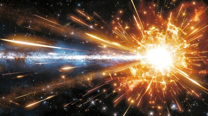 Massive cosmic explosion with intense bright light and glowing particles radiating through space. Fiery and powerful burst of energy creates dynamic motion in the vast universe filled with stars.