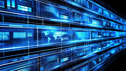 Fototapete - Blue-toned digital world with data panels grids, representing global communication information flow, virtual interface displays technology-driven global connectivity, futuristic network systems.