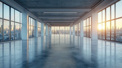 Poster - Empty Office Space with City Skyline View at Sunset