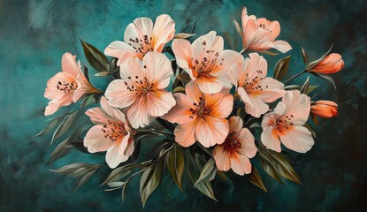 Wall Mural - A vibrant oil painting of delicate pink flowers with lush green leaves set against a deep teal background. .