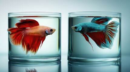 Two betta fish in separate glass containers, with ample empty space around them. The clean backgrounds are ideal for adding text.